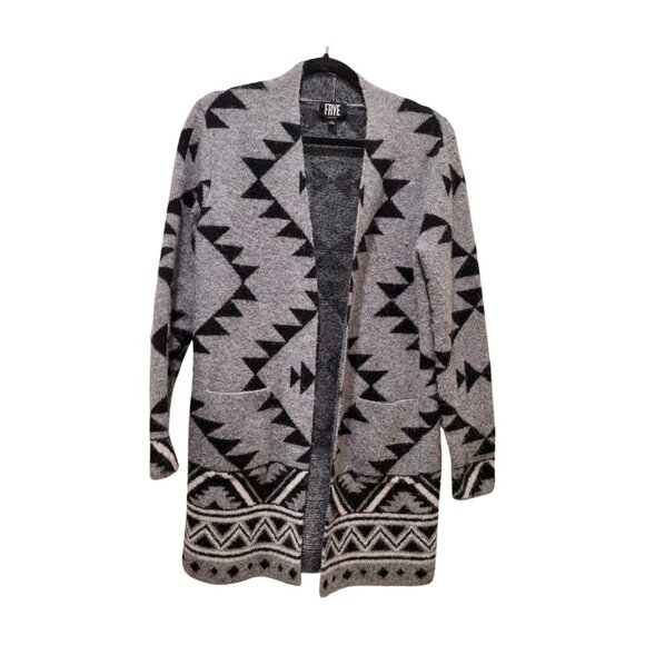Frye Southwestern Jacquard Open Front Cardigan with Pockets Gray Black S - Picture 2 of 6